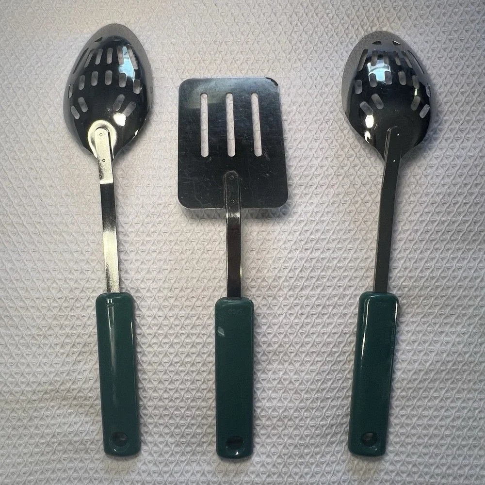 Vintage Ekco 3 Piece Utensil Stainless Steel Green Handles Slotted Spoon Spatula